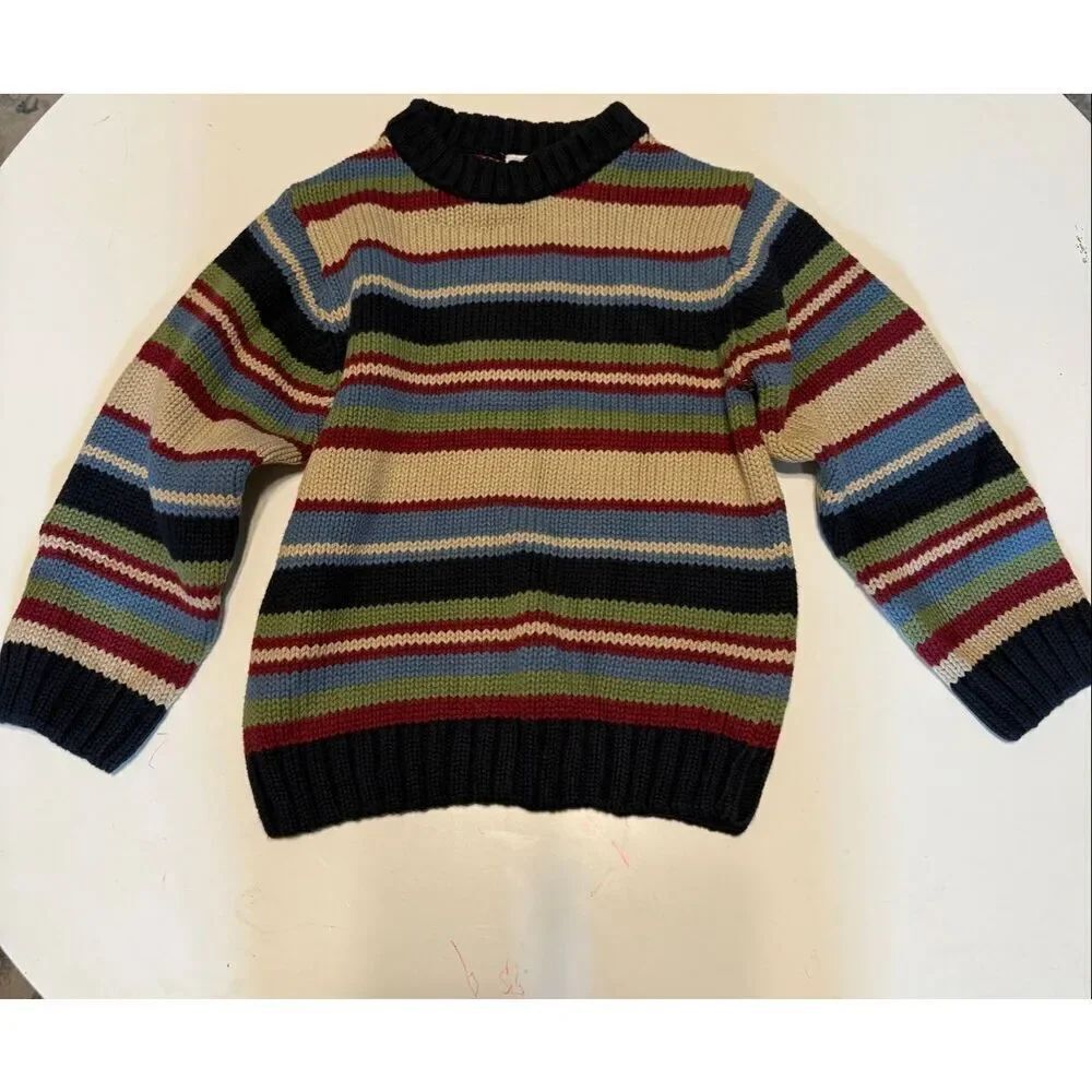 Gymboree Size 5 Mock Neck Sweater Blue Green Stripes 100% Cotton Preppy Classic